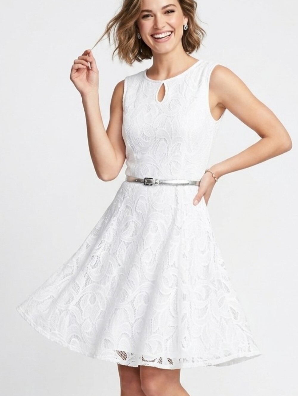 London Style Sleeveless White Lace Mini Dress with Silver Belt